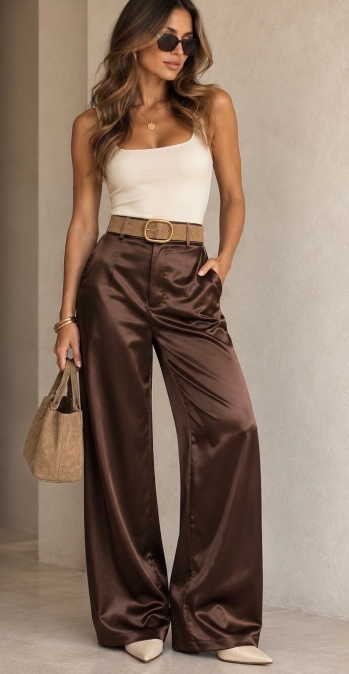 NWT Brown Satin Wide Leg Pants High Rise Silky Trouser Dress Pants Chic Medium